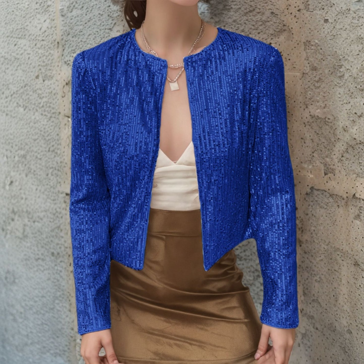 Crew-neck Long-sleeve Solid-color Cardigan Casual Sequin Jacket