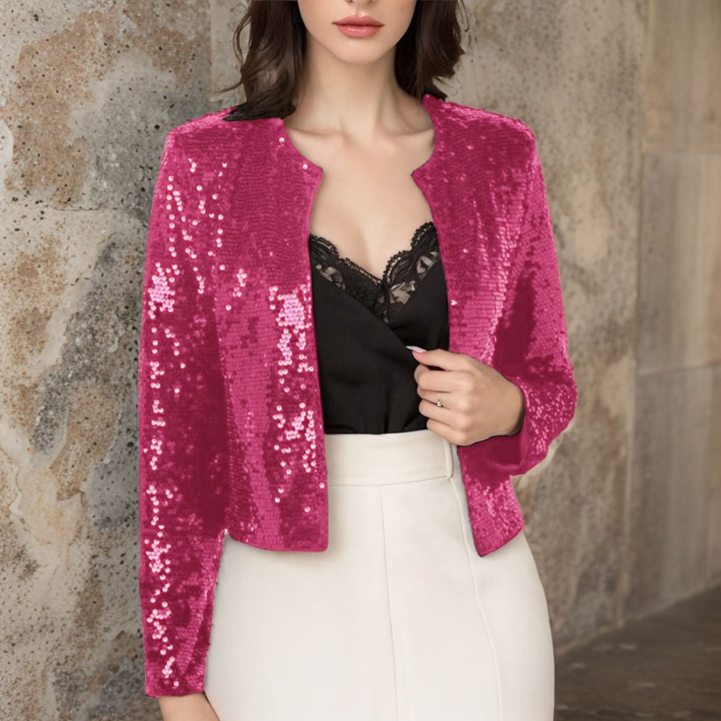 Crew-neck Long-sleeve Solid-color Cardigan Casual Sequin Jacket