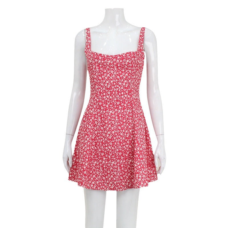 Square Neck Open Back Fresh And Sweet Printed Suspender Dress