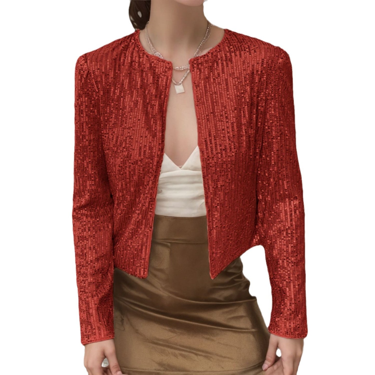 Crew-neck Long-sleeve Solid-color Cardigan Casual Sequin Jacket