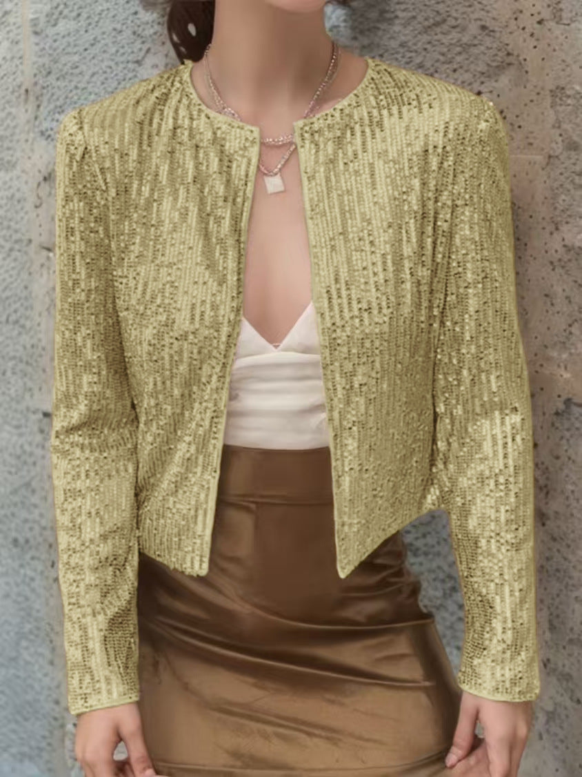 Crew-neck Long-sleeve Solid-color Cardigan Casual Sequin Jacket