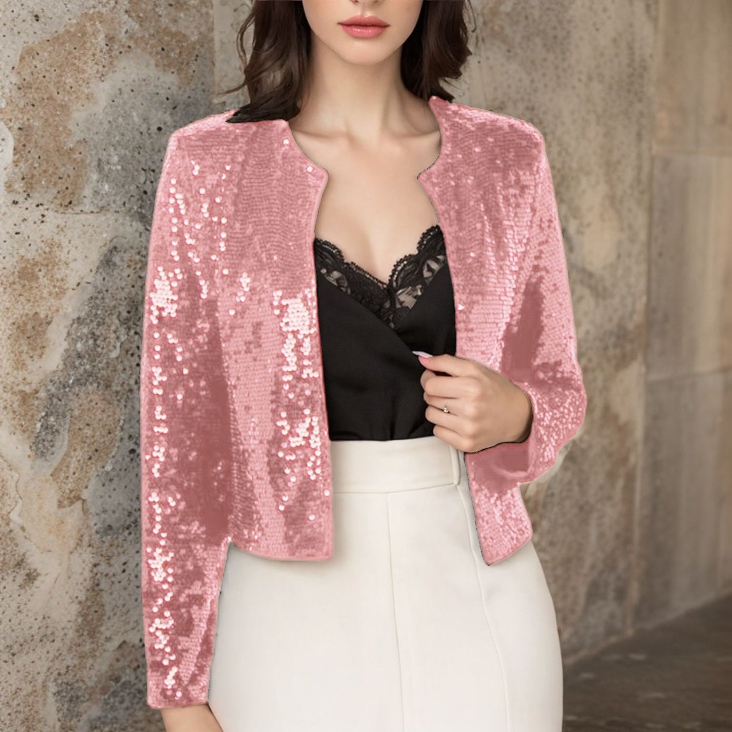 Crew-neck Long-sleeve Solid-color Cardigan Casual Sequin Jacket